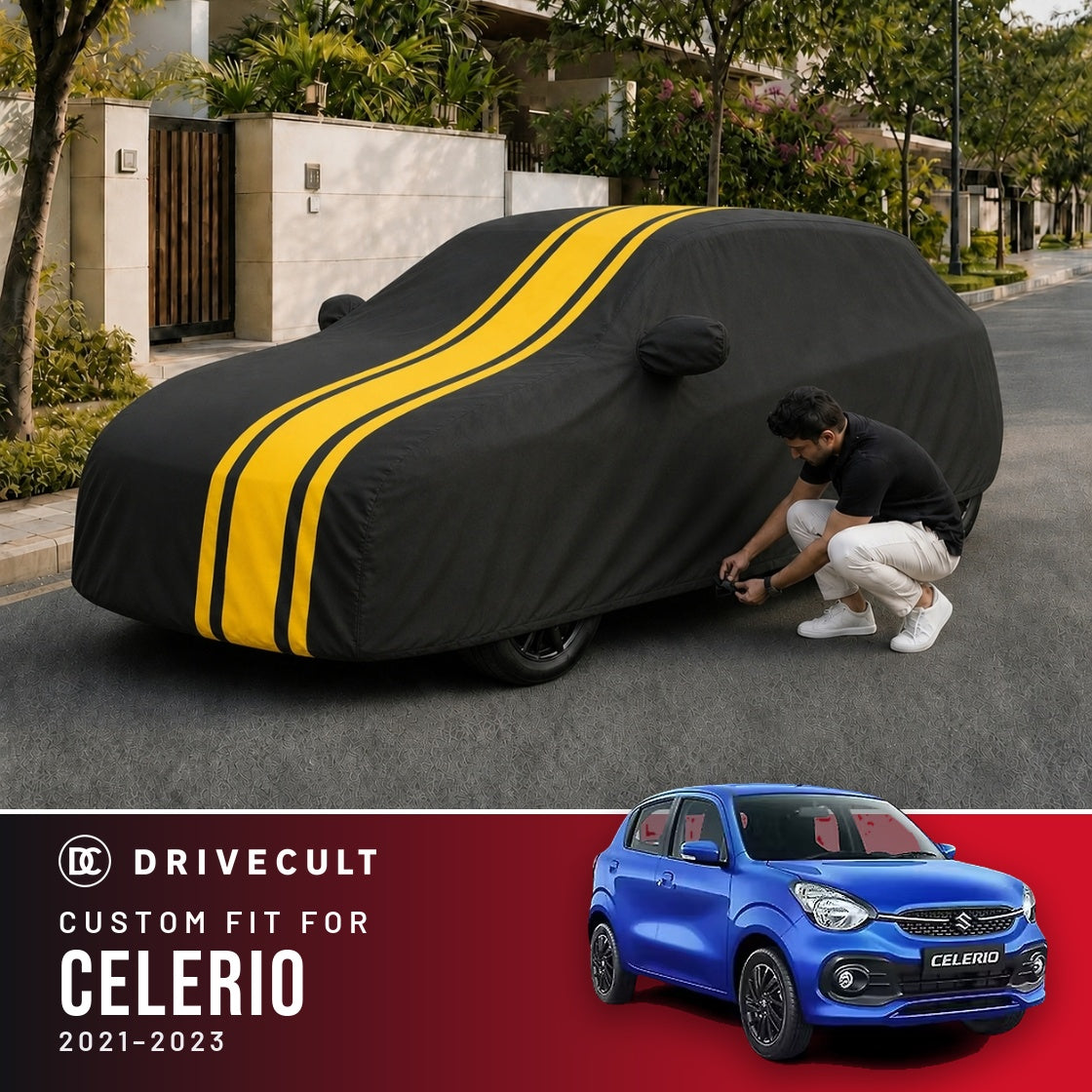 Maruti Suzuki Celerio 2021-2023 DriveCult Blaze custom-fit waterproof car body cover