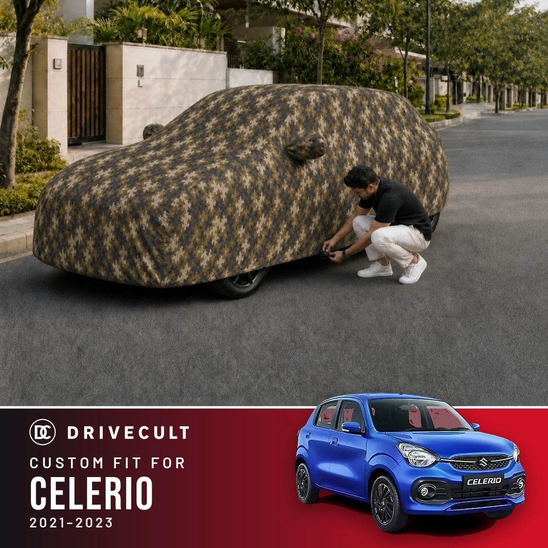 Maruti Suzuki Celerio 2021-2023 DriveCult Phantom custom-fit waterproof car body cover