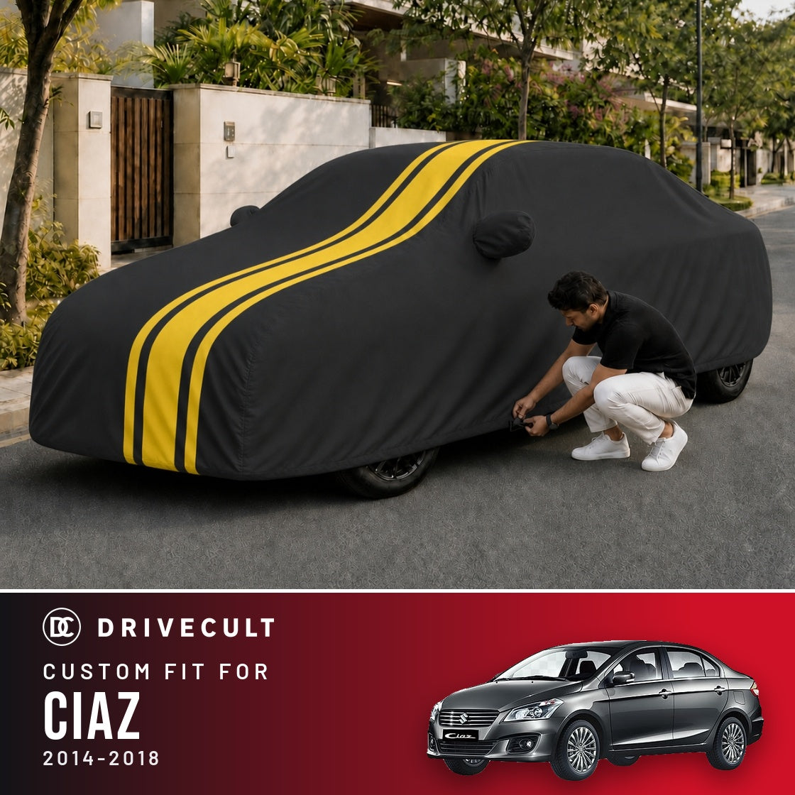 Maruti Suzuki Ciaz 2014-2018 DriveCult Blaze custom-fit waterproof car body cover