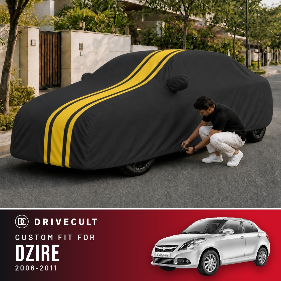 Maruti Suzuki Dzire 2006-2011 DriveCult Blaze custom-fit waterproof car body cover