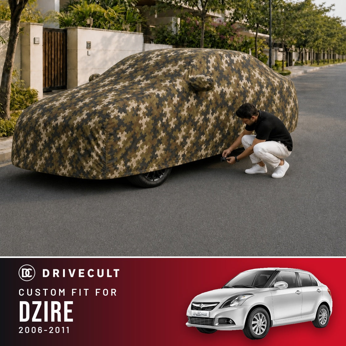 Maruti Suzuki Dzire 2006-2011 DriveCult Phantom custom-fit waterproof car body cover