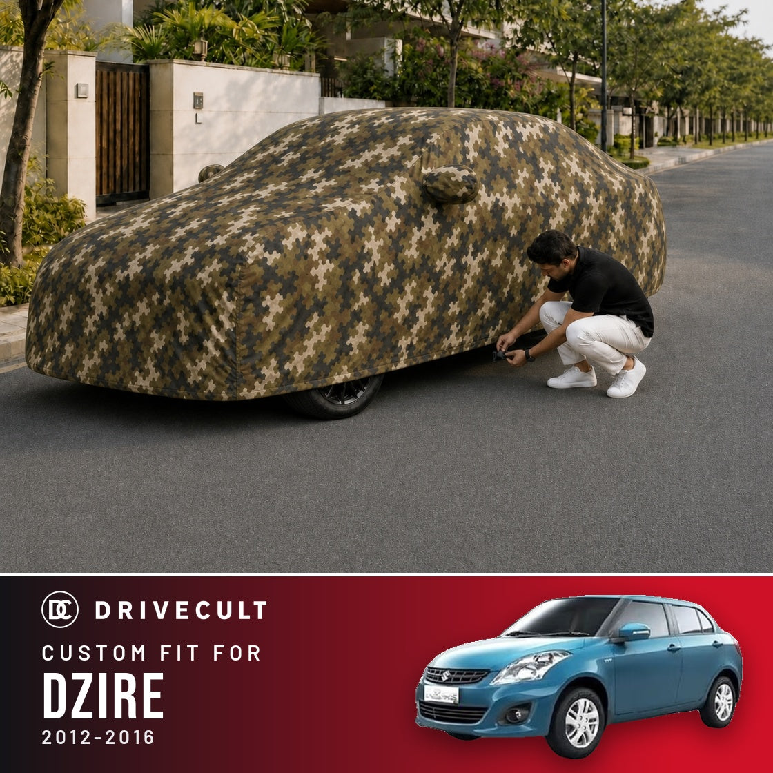Maruti Suzuki Dzire 2012-2016 DriveCult Phantom custom-fit waterproof car body cover