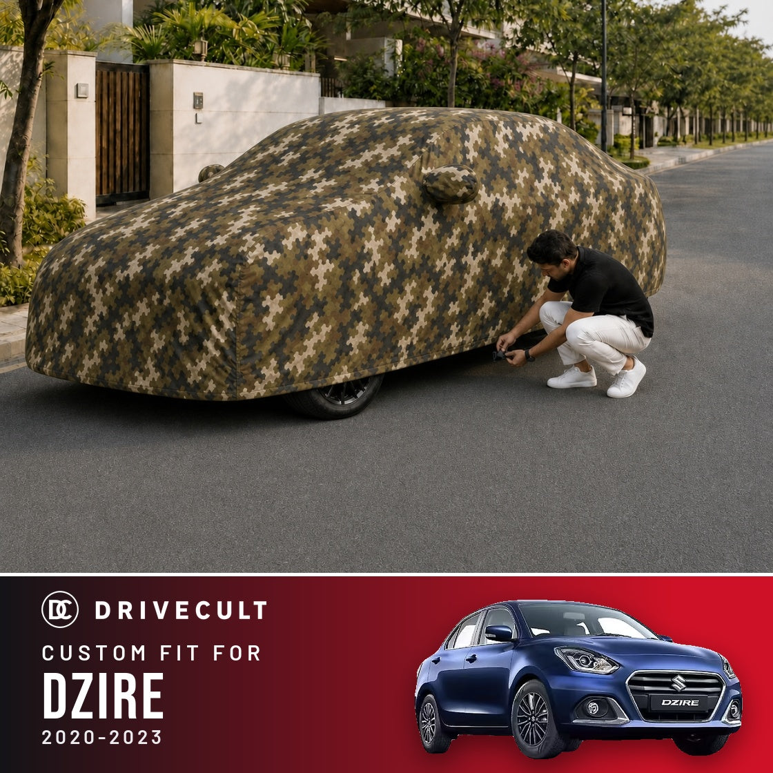 Maruti Suzuki Dzire 2020-2023 DriveCult Phantom custom-fit waterproof car body cover