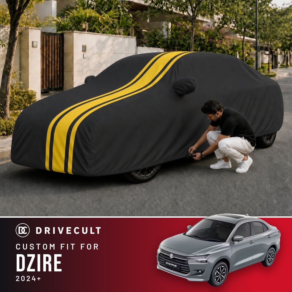 Maruti Suzuki Dzire 2024+ DriveCult Blaze custom-fit waterproof car body cover
