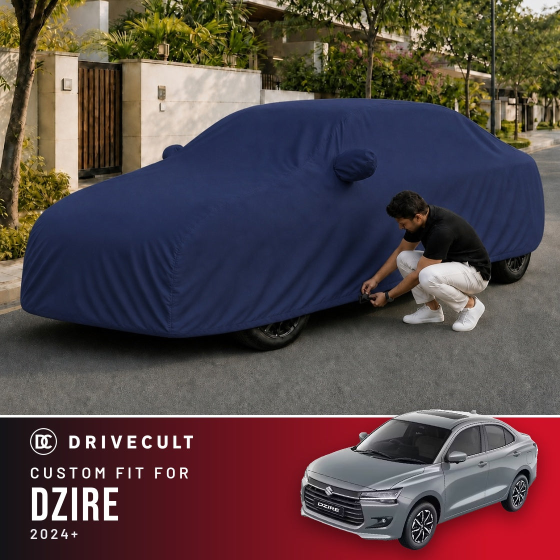 Maruti Suzuki Dzire 2024+ DriveCult Storm custom-fit waterproof car body cover