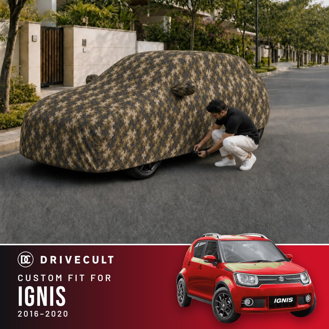 Maruti Suzuki Ignis 2016-2020 DriveCult Phantom custom-fit waterproof car body cover