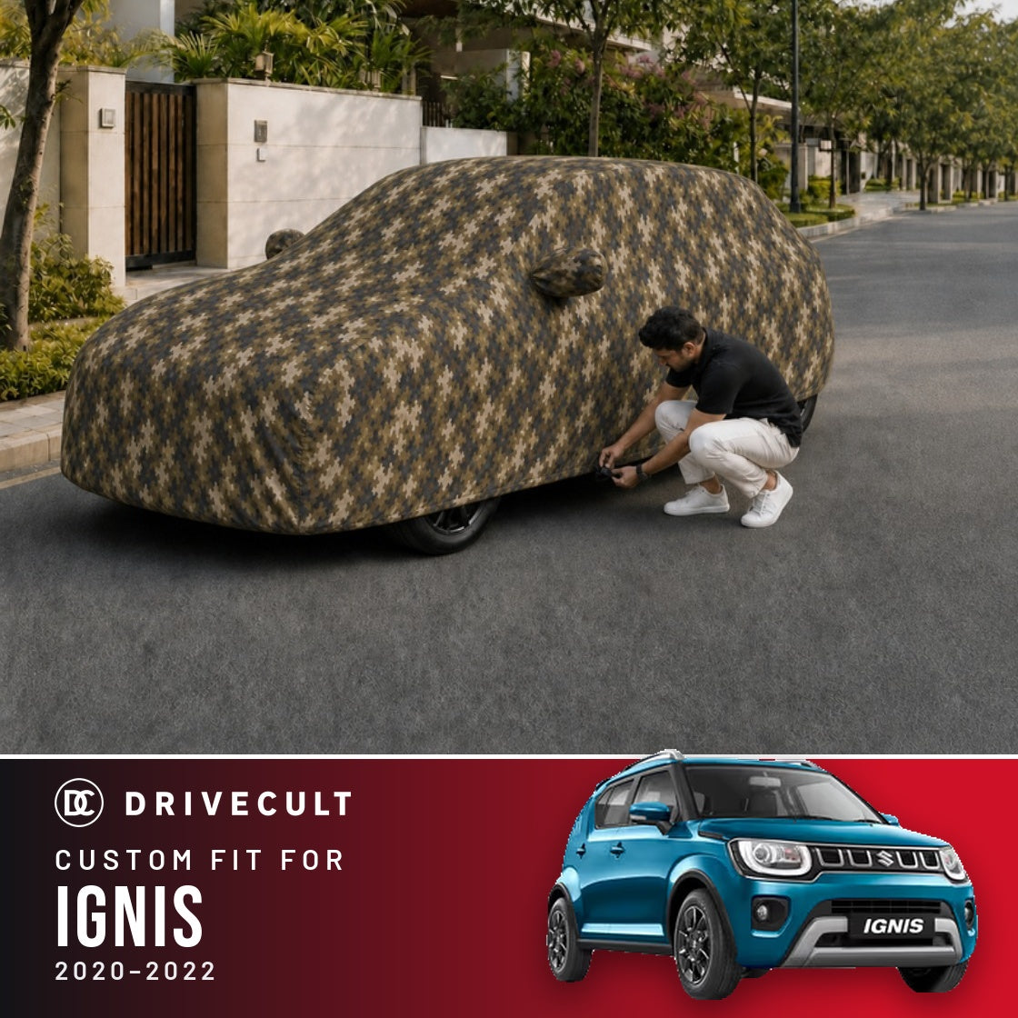 Maruti Suzuki Ignis 2020-2022 DriveCult Phantom custom-fit waterproof car body cover