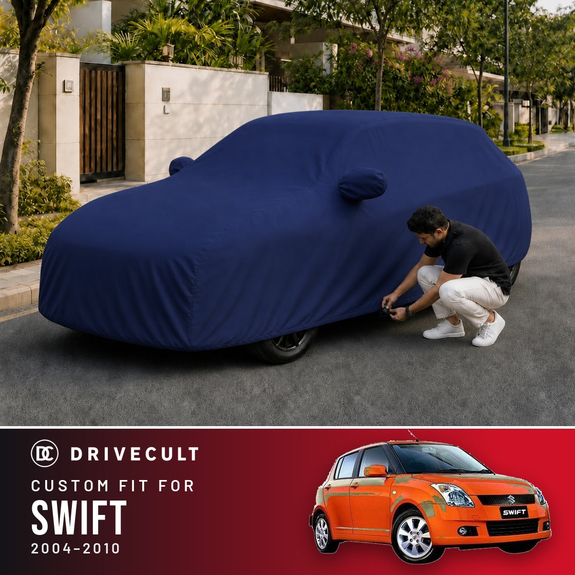 Maruti Suzuki Swift 2004-2010 DriveCult Storm custom-fit waterproof car body cover