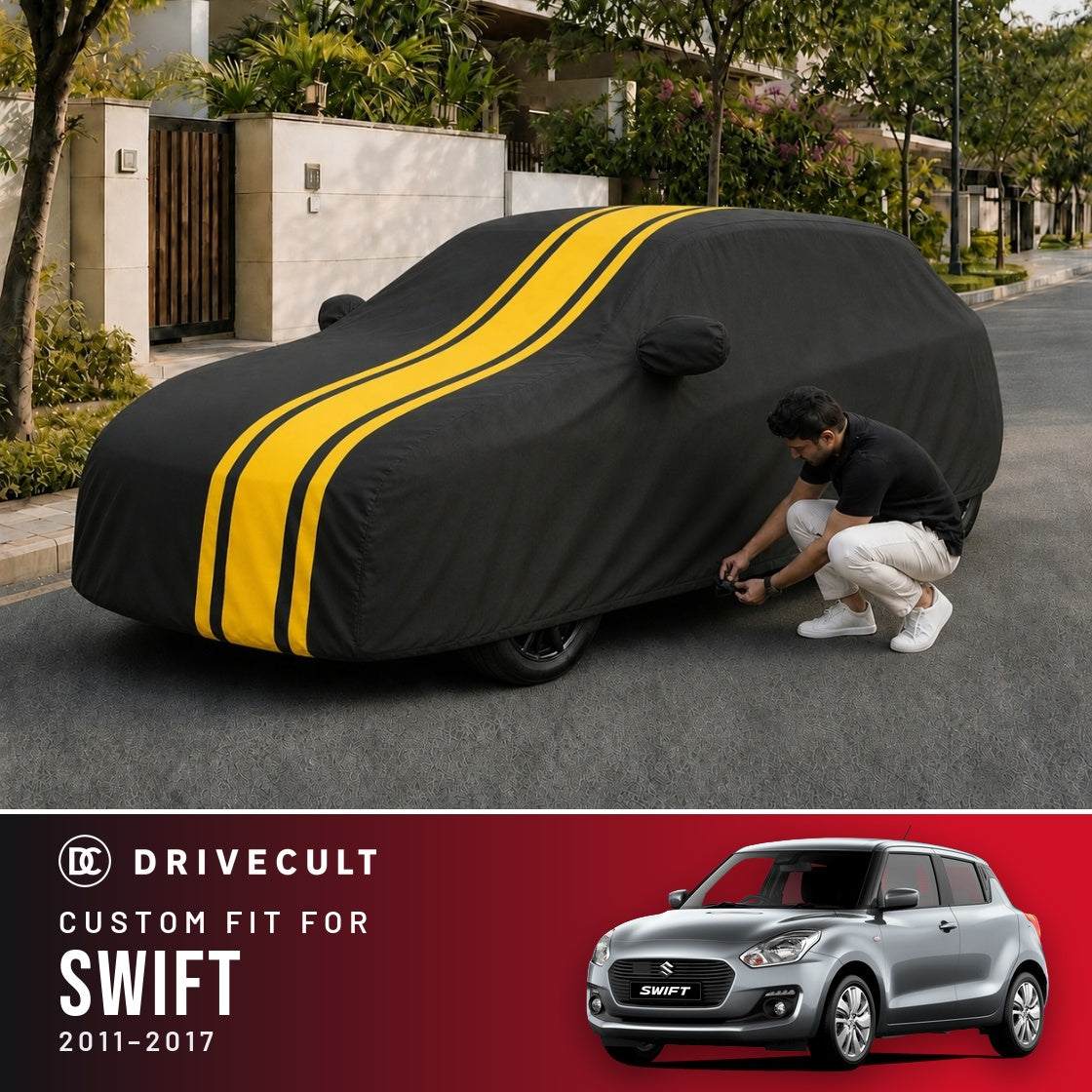 Maruti Suzuki Swift 2011-2017 DriveCult Blaze custom-fit waterproof car body cover