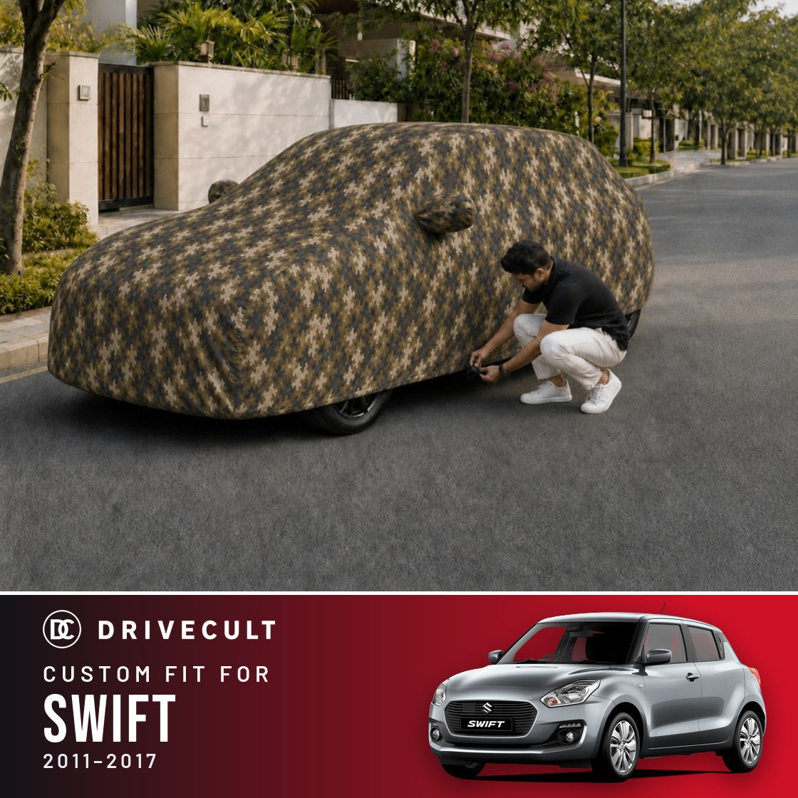 Maruti Suzuki Swift 2011-2017 DriveCult Phantom custom-fit waterproof car body cover