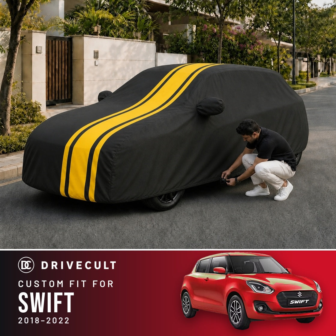 Maruti Suzuki Swift 2018-2022 DriveCult Blaze custom-fit waterproof car body cover