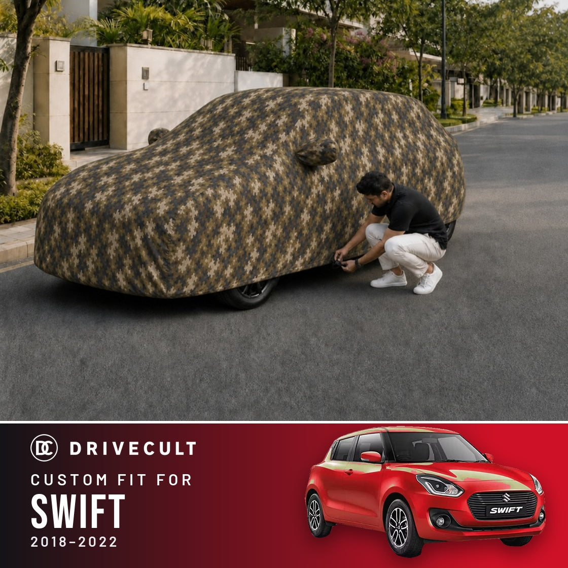 Maruti Suzuki Swift 2018-2022 DriveCult Phantom custom-fit waterproof car body cover