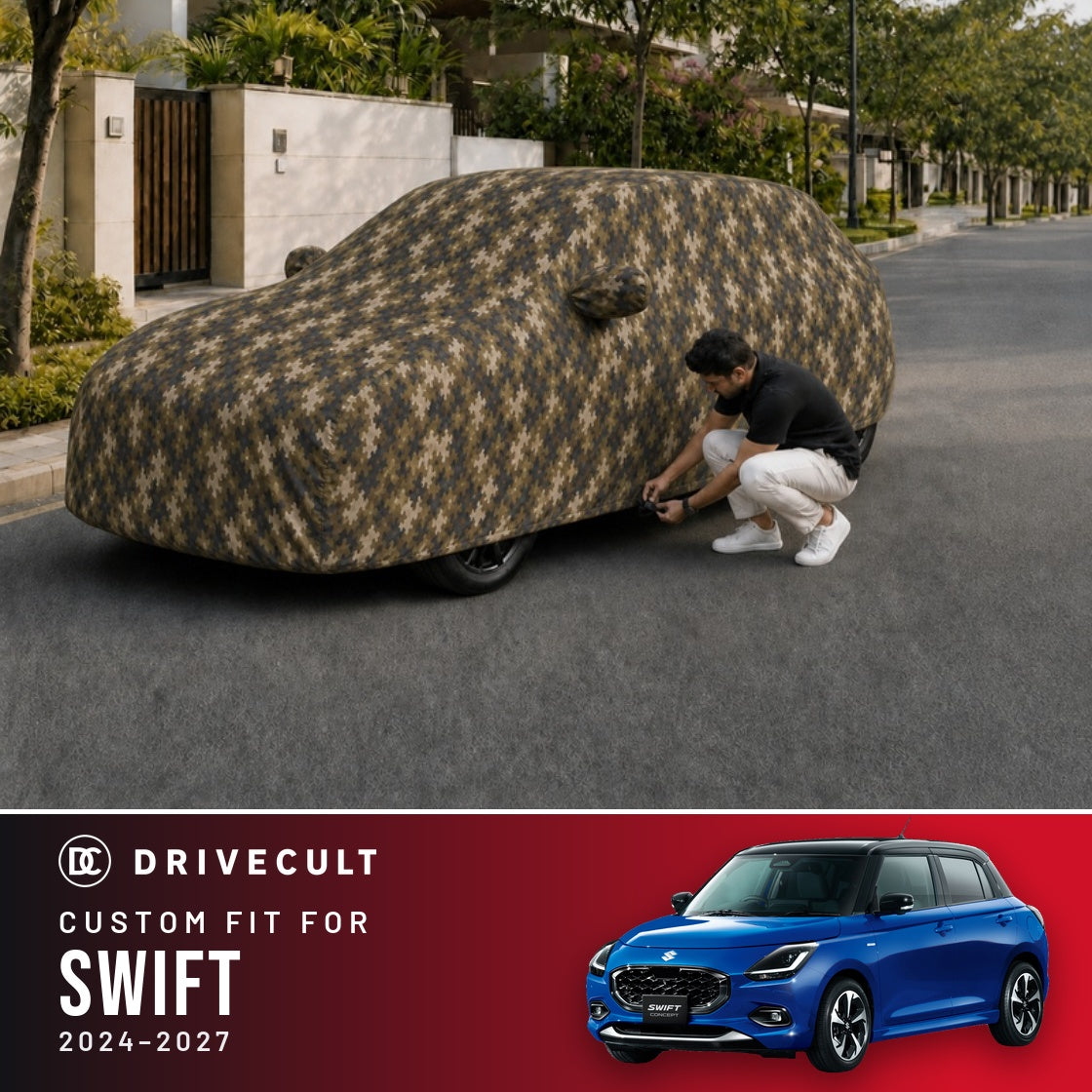 Maruti Suzuki Swift 2024-2027 DriveCult Phantom custom-fit waterproof car body cover