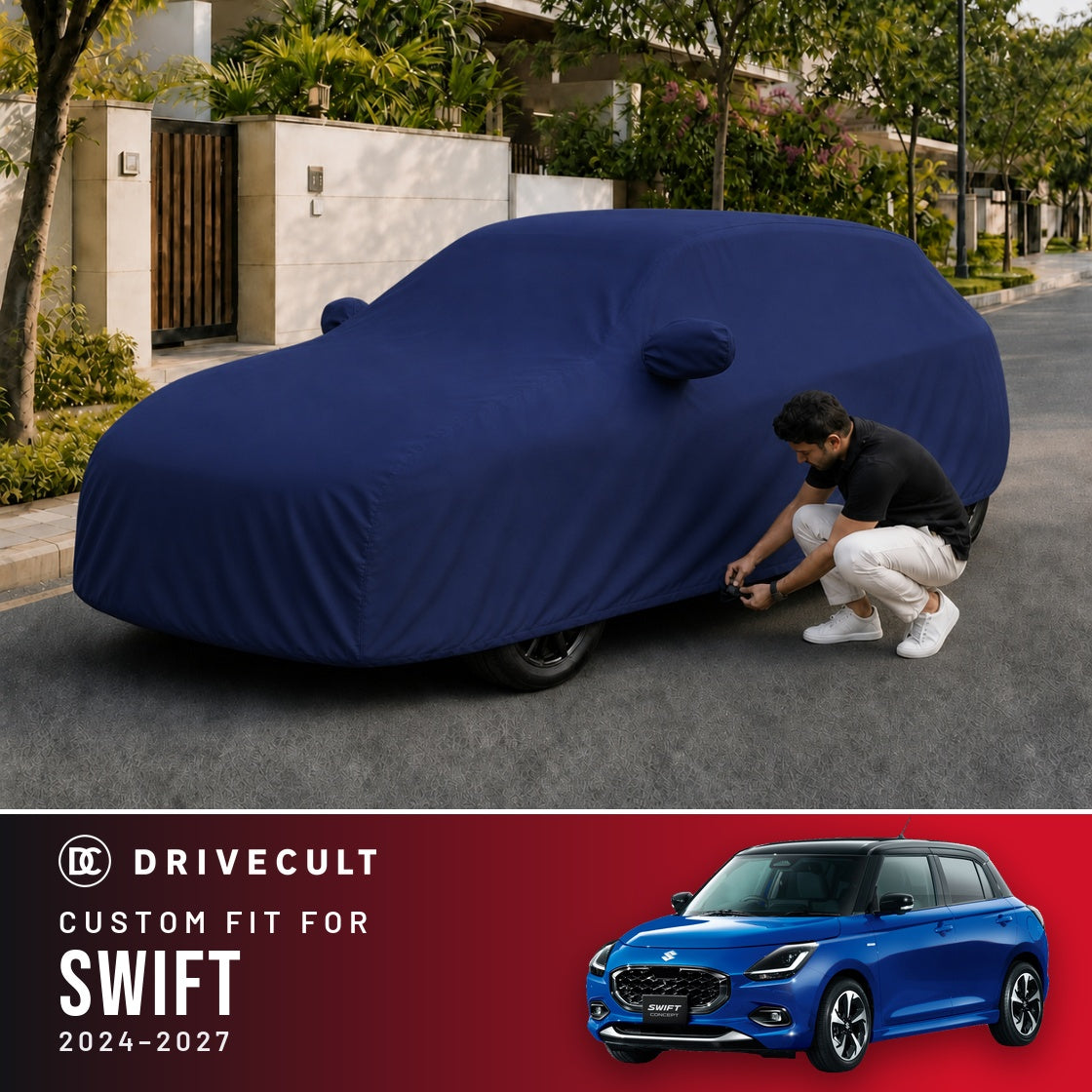 Maruti Suzuki Swift 2024-2027 DriveCult Storm custom-fit waterproof car body cover