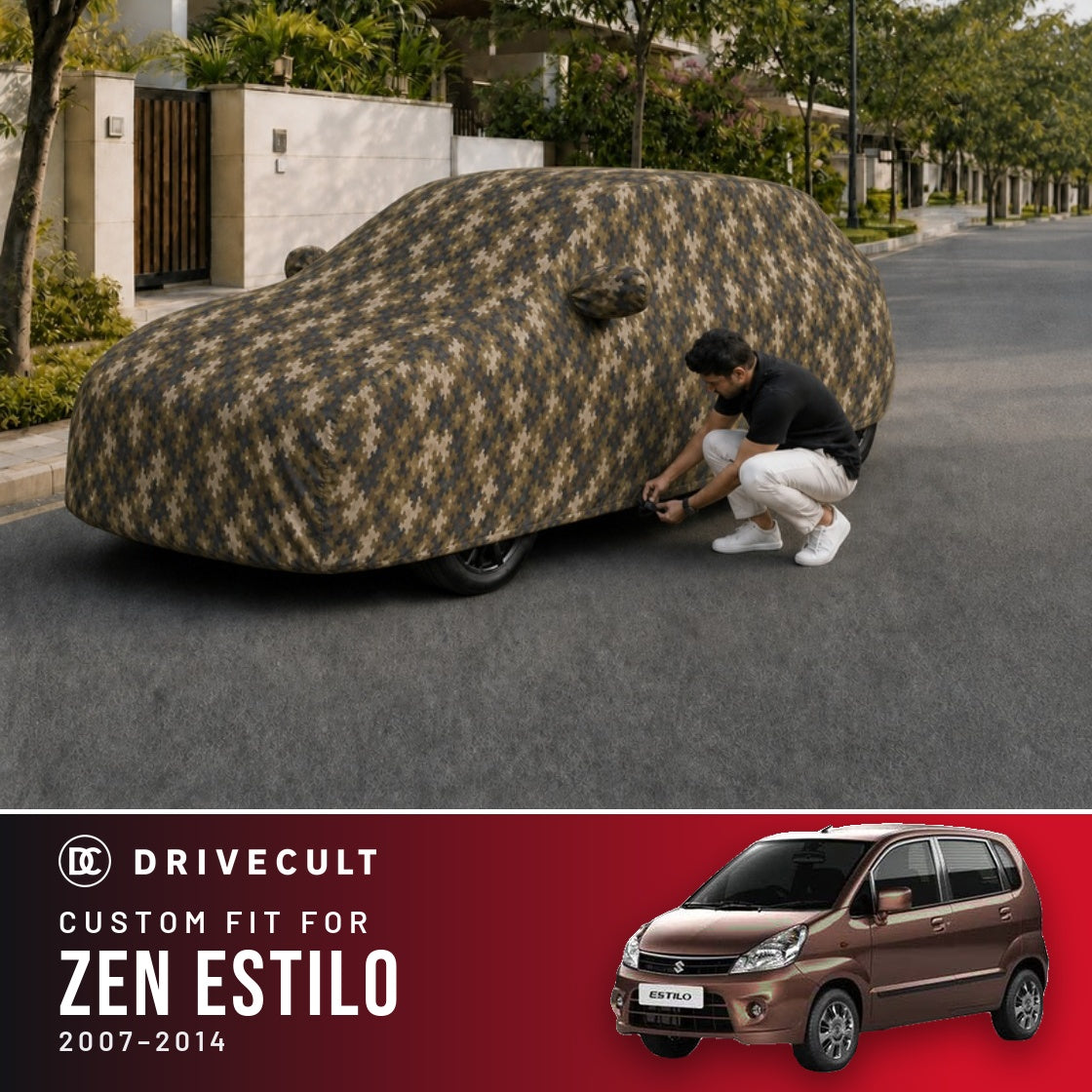 Maruti Suzuki Zen Estilo 2007-2014 DriveCult Phantom custom-fit waterproof car body cover