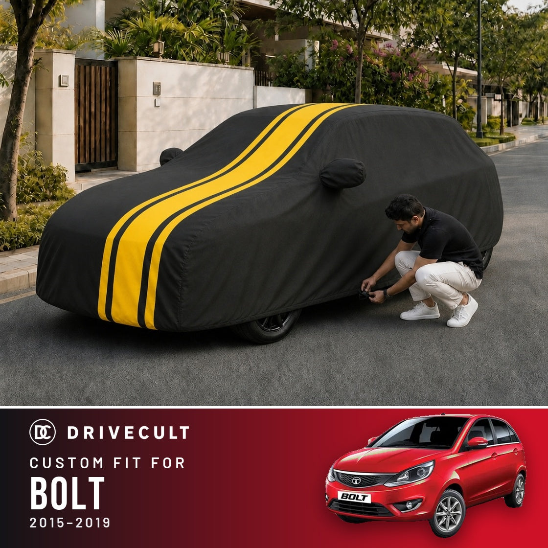 Tata Bolt 2015-2019 DriveCult Blaze custom-fit waterproof car body cover