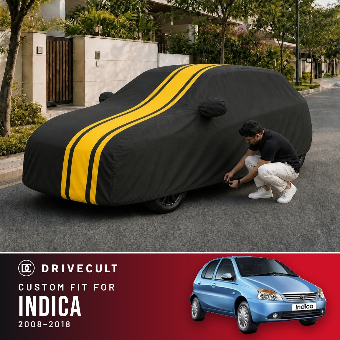 Tata Indica 2008-2018 DriveCult Blaze custom-fit waterproof car body cover
