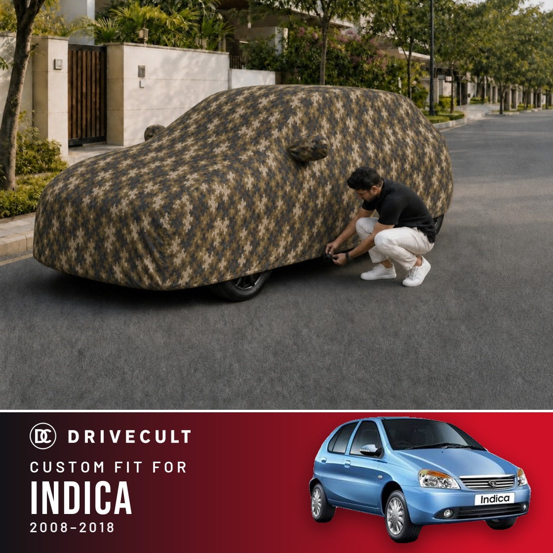 Tata Indica 2008-2018 DriveCult Phantom custom-fit waterproof car body cover