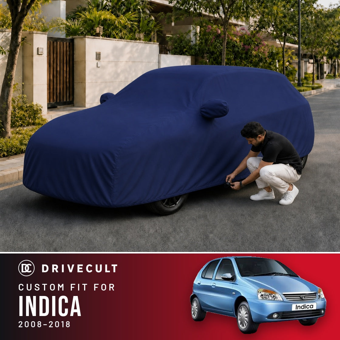 Tata Indica 2008-2018 DriveCult Storm custom-fit waterproof car body cover