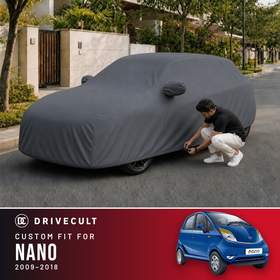 Tata Nano 2009-2018 DriveCult Titan custom-fit waterproof car body cover