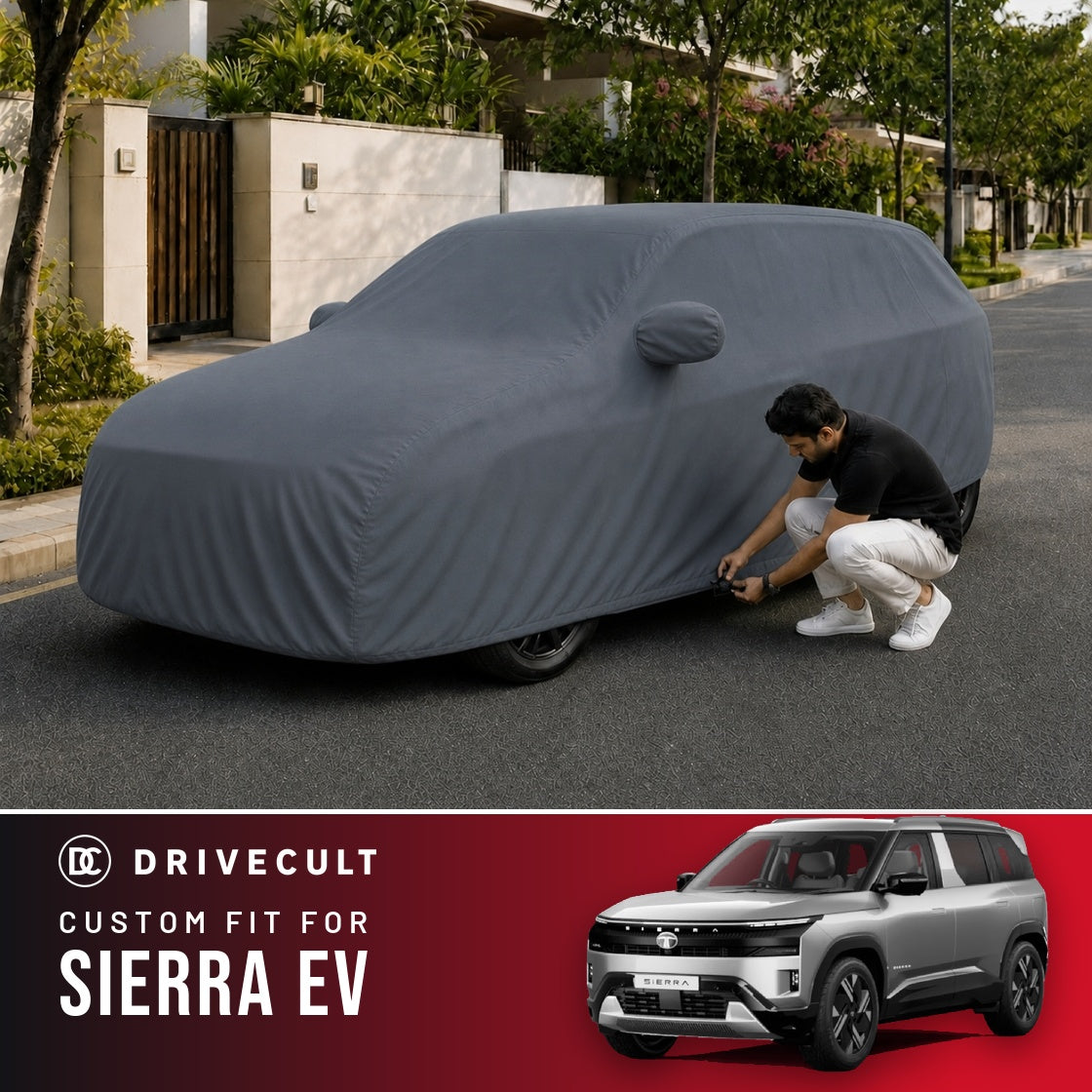 Tata Sierra EV DriveCult Titan custom-fit waterproof car body cover