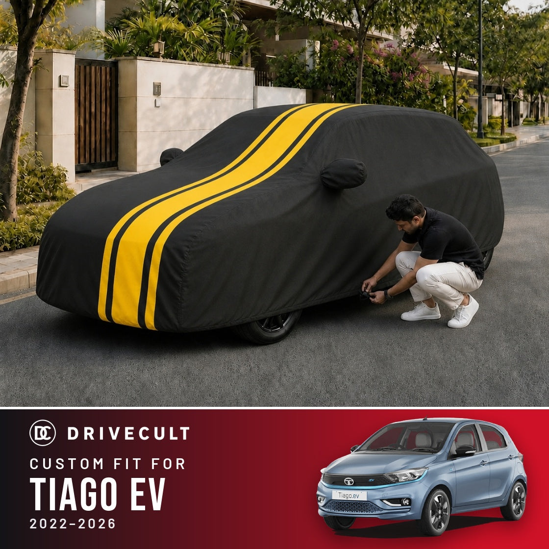 Tata Tiago EV 2022-2026 DriveCult Blaze custom-fit waterproof car body cover