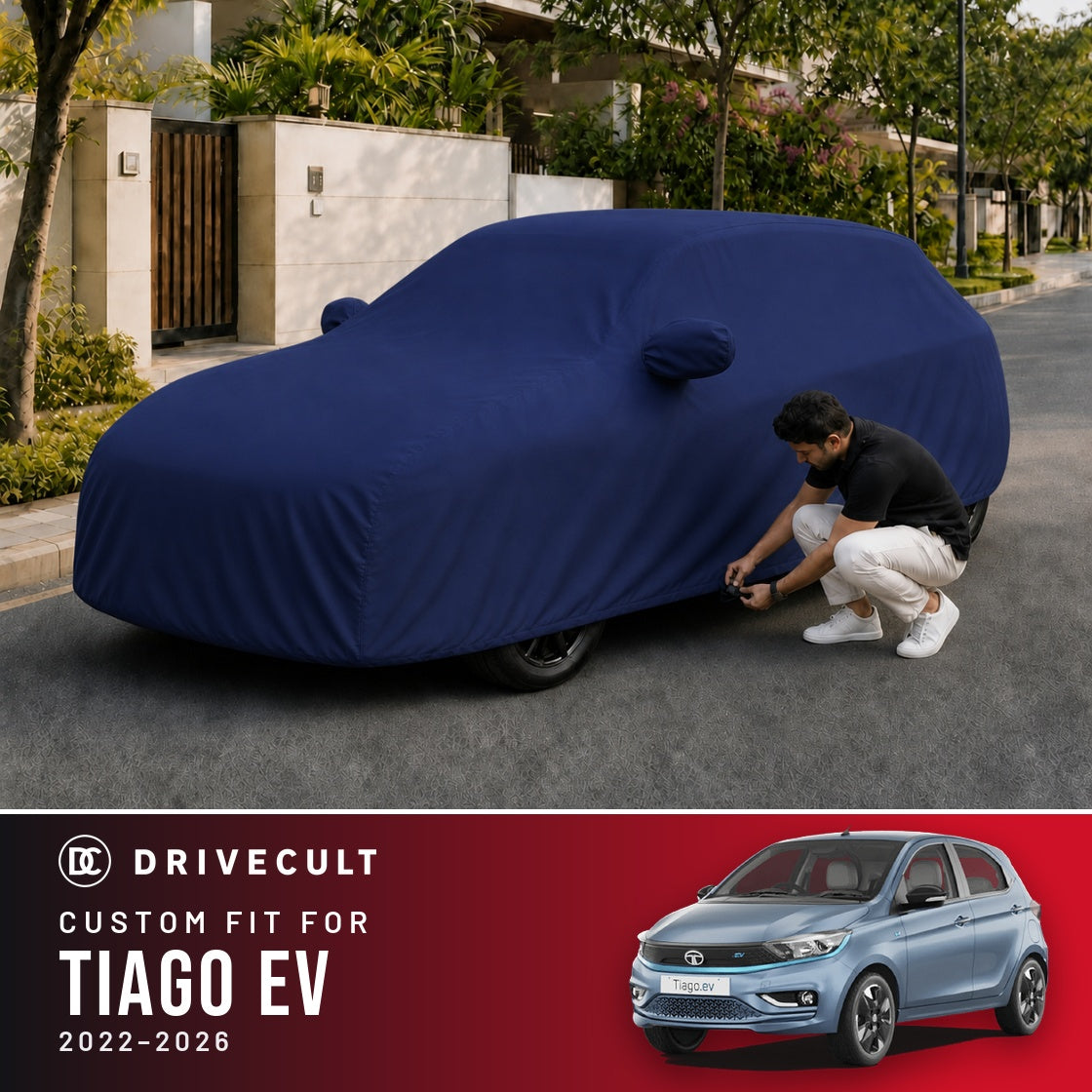 Tata Tiago EV 2022-2026 DriveCult Storm custom-fit waterproof car body cover