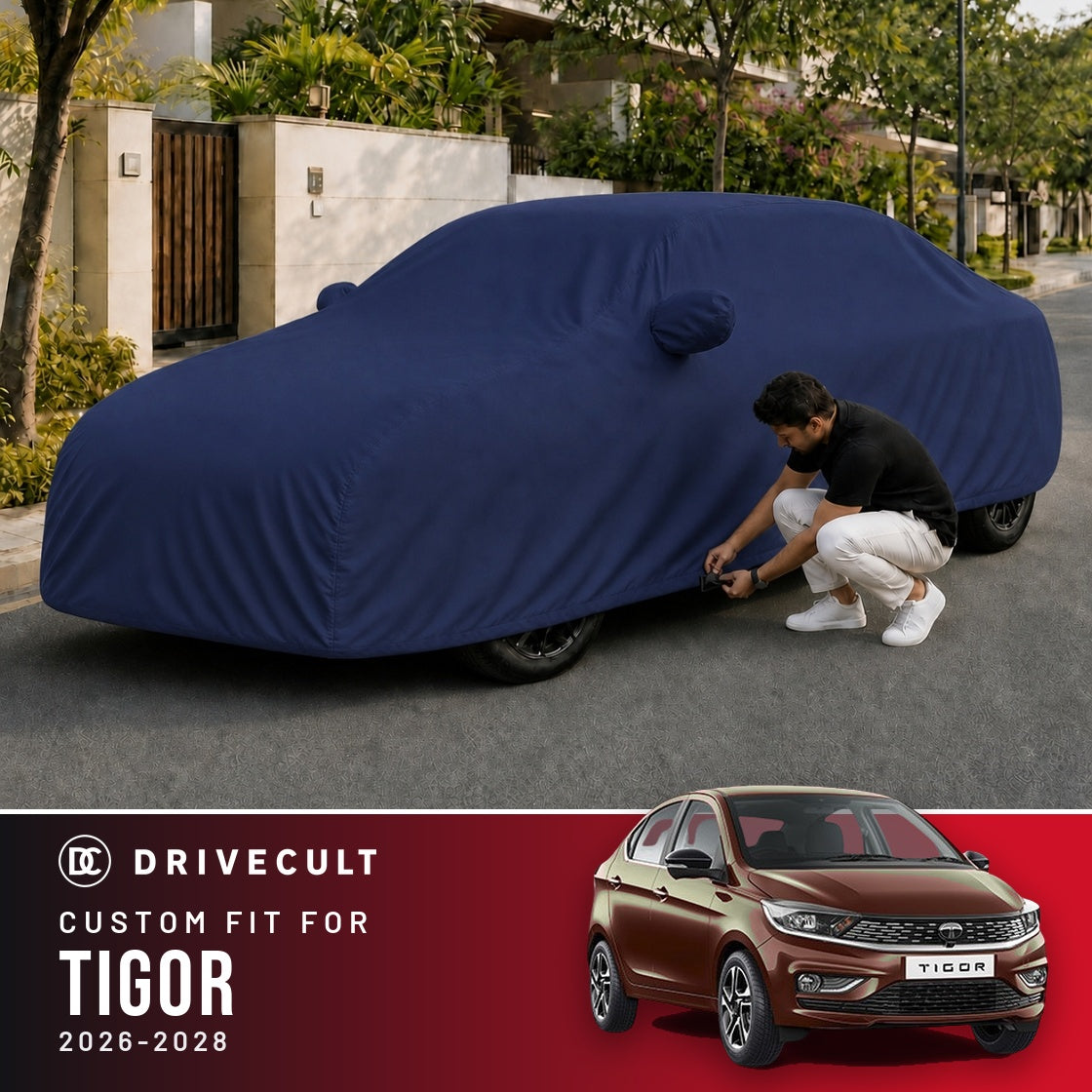 Tata Tigor 2026-2028 DriveCult Storm custom-fit waterproof car body cover
