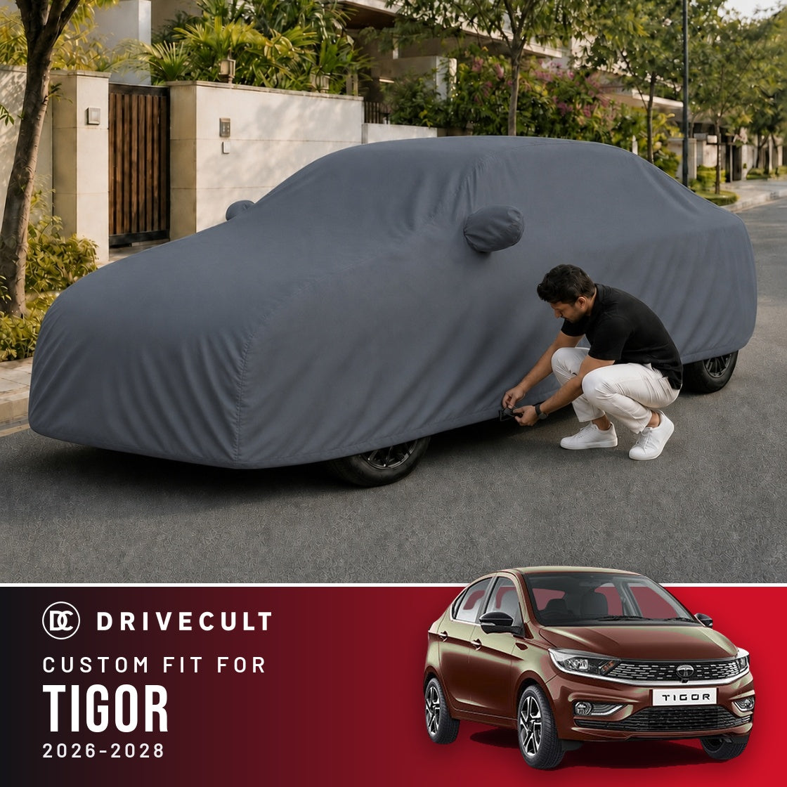 Tata Tigor 2026-2028 DriveCult Titan custom-fit waterproof car body cover