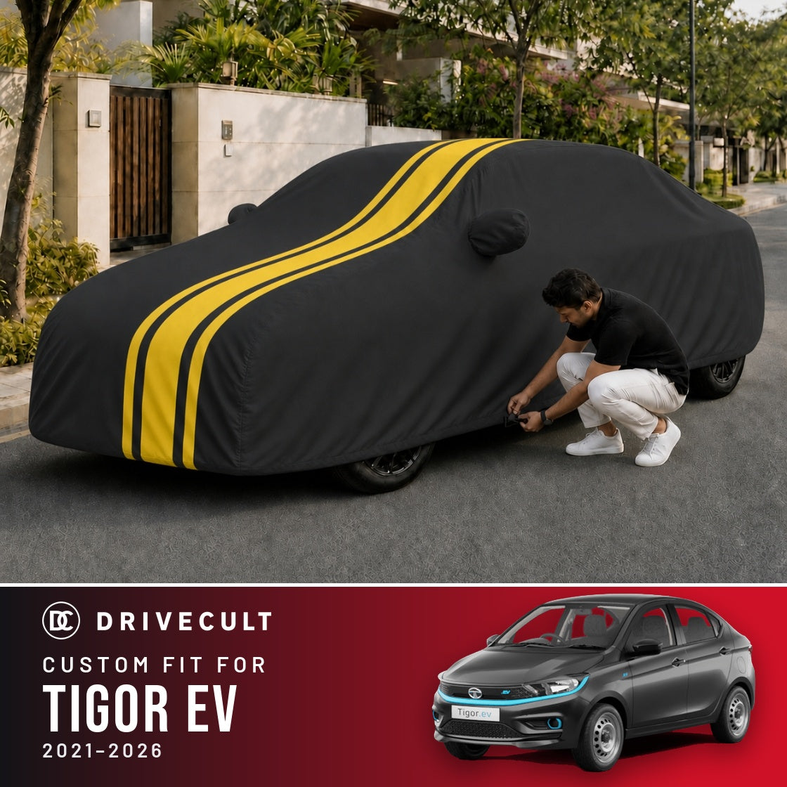 Tata Tigor EV 2021-2026 DriveCult Blaze custom-fit waterproof car body cover