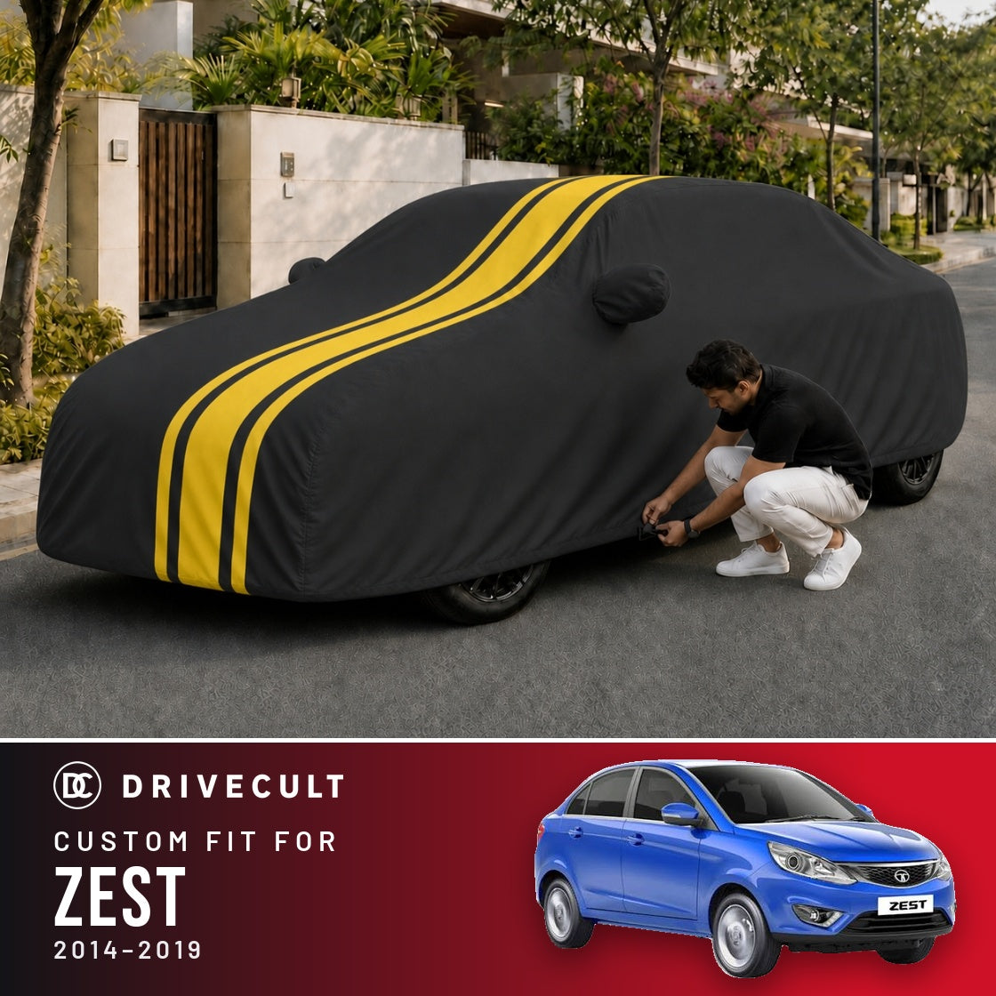 Tata Zest 2014-2019 DriveCult Blaze custom-fit waterproof car body cover