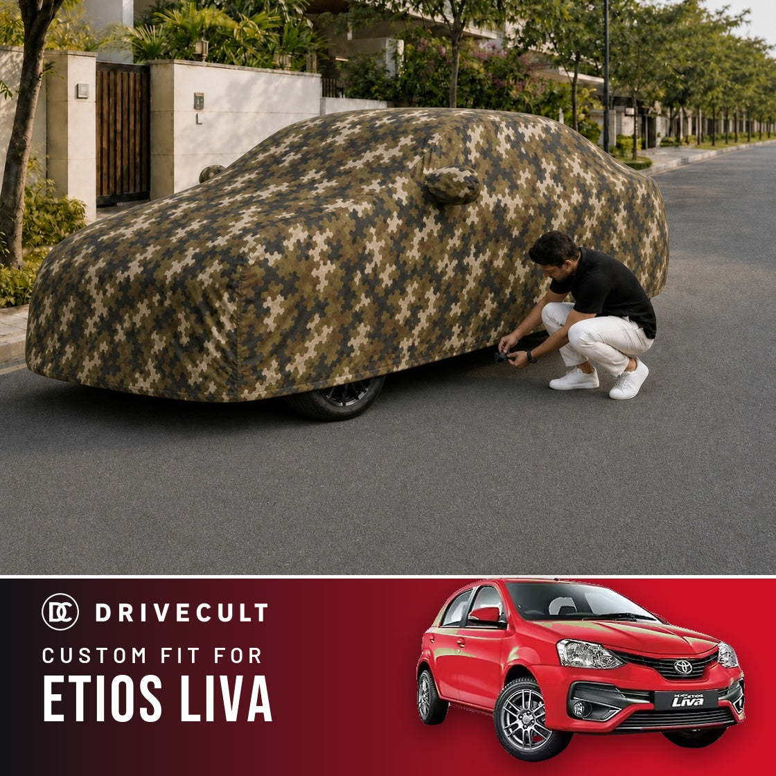 Toyota Etios Liva DriveCult Phantom custom-fit waterproof car body cover