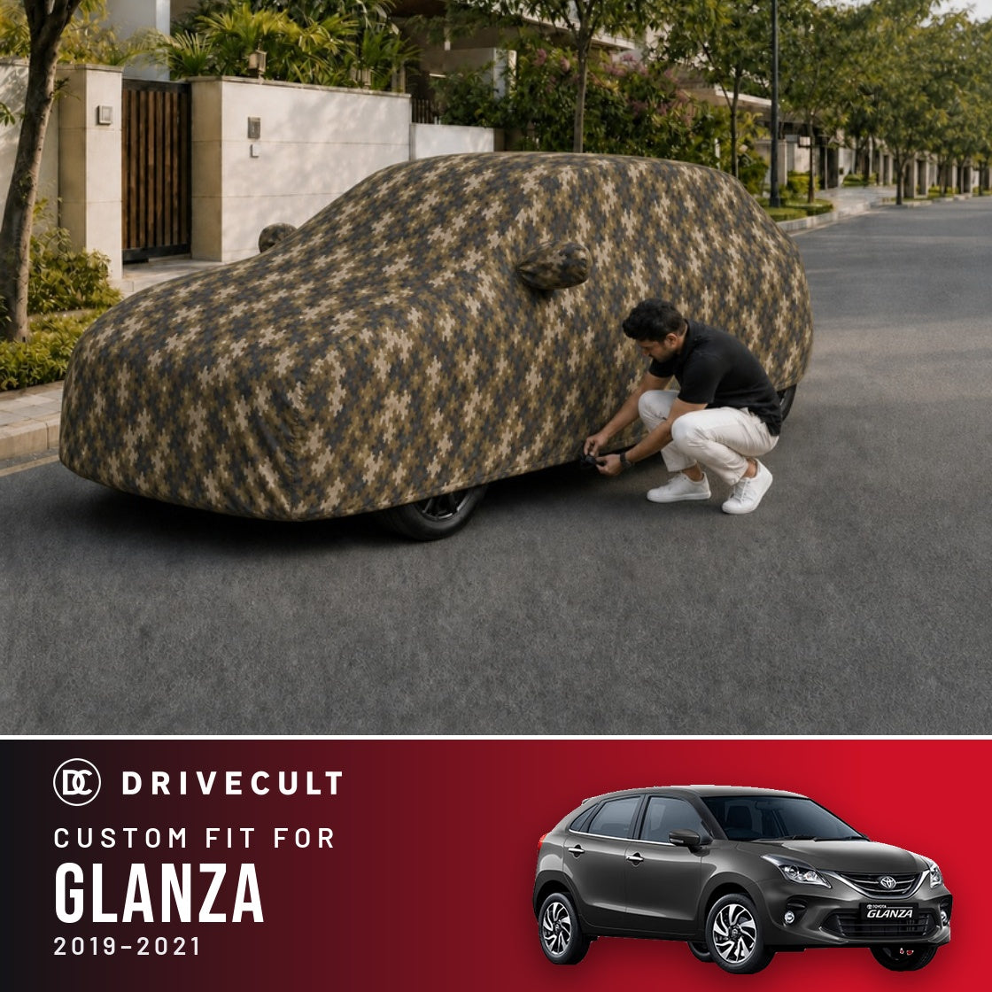 Toyota Glanza 2019-2021 DriveCult Phantom custom-fit waterproof car body cover