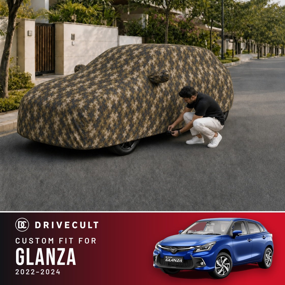 Toyota Glanza 2022-2024 DriveCult Phantom custom-fit waterproof car body cover