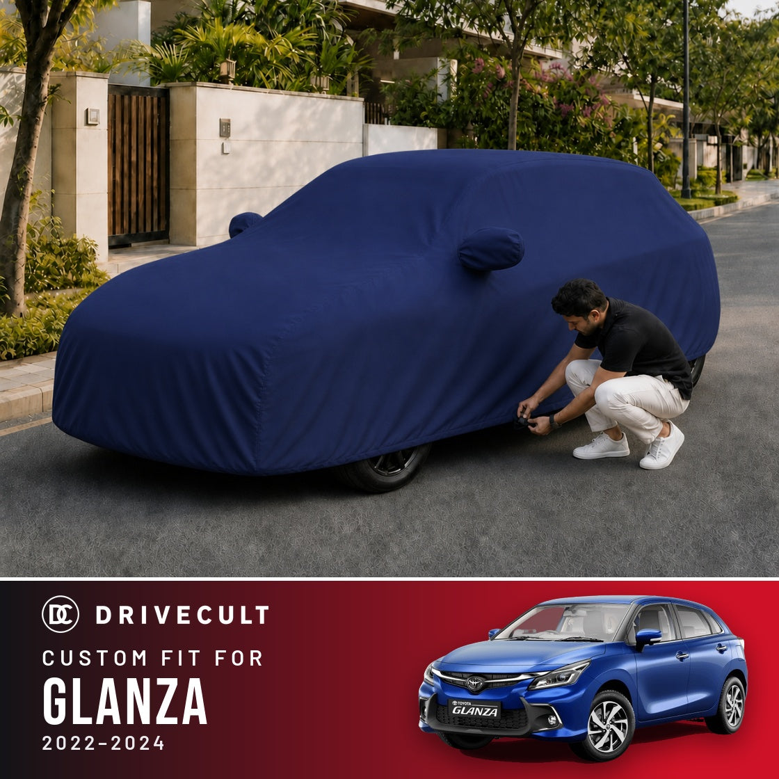 Toyota Glanza 2022-2024 DriveCult Storm custom-fit waterproof car body cover