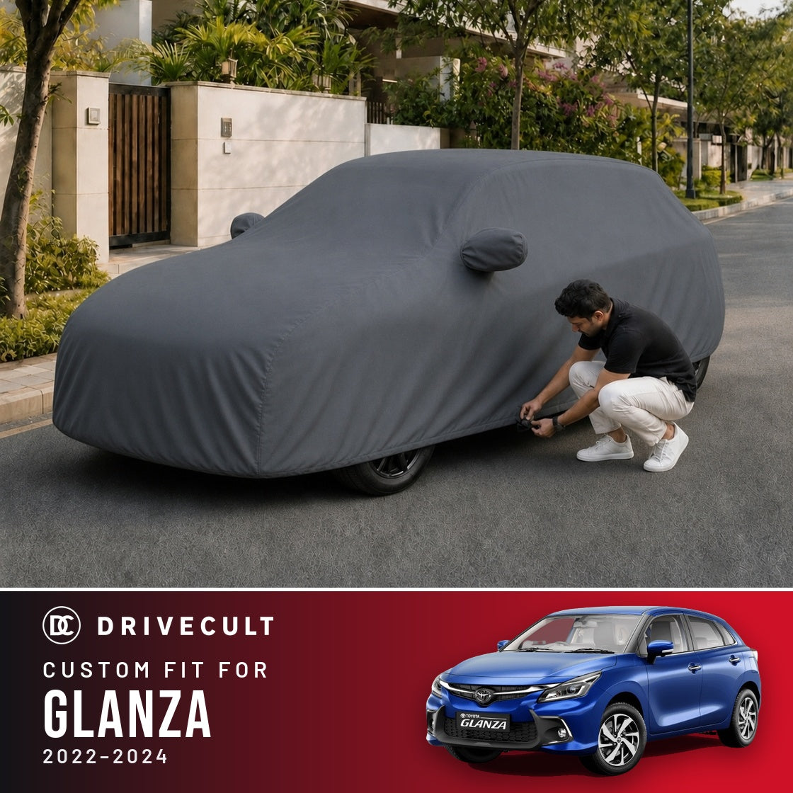 Toyota Glanza 2022-2024 DriveCult Titan custom-fit waterproof car body cover