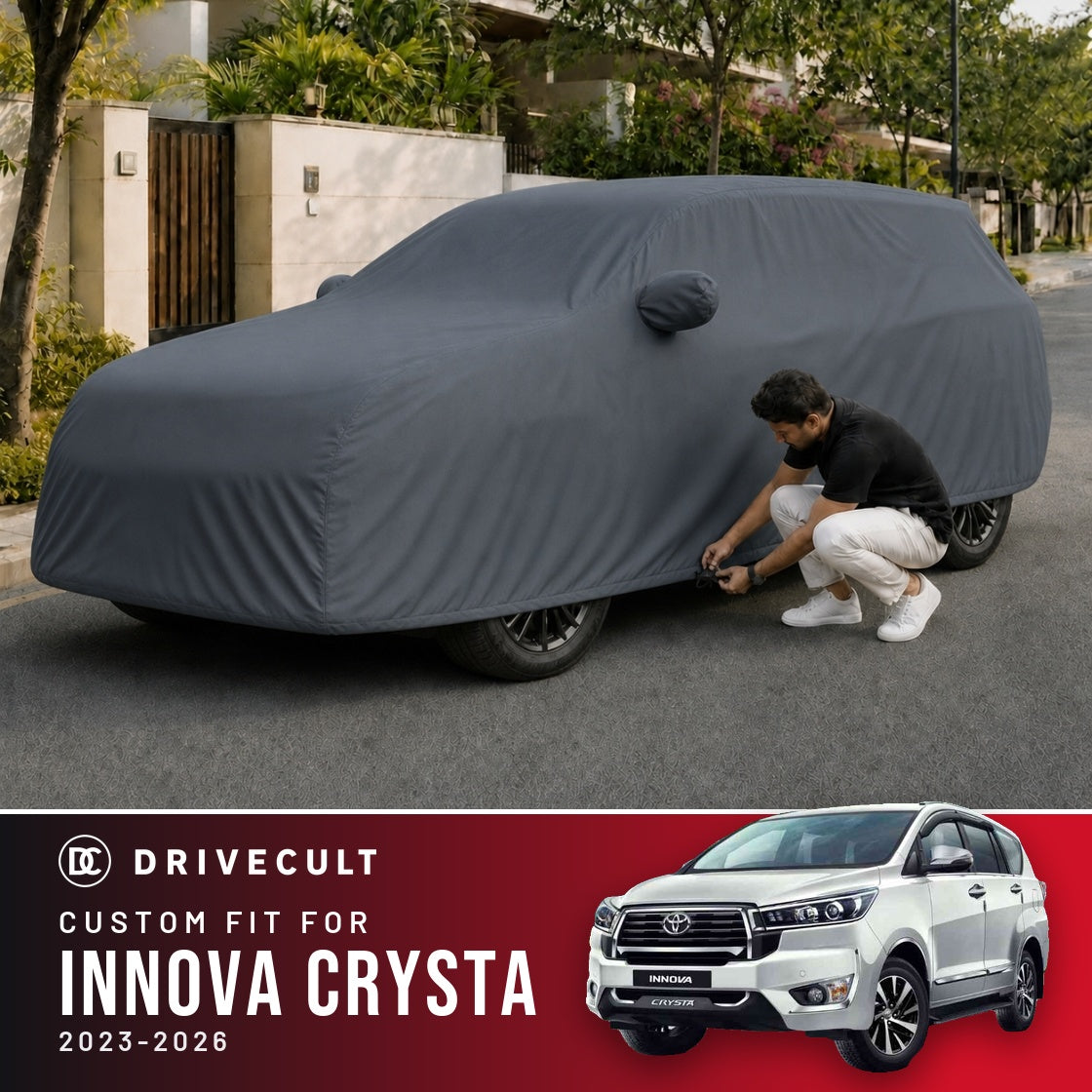 Toyota Innova Crysta 2023-2026 DriveCult Titan custom-fit waterproof car body cover