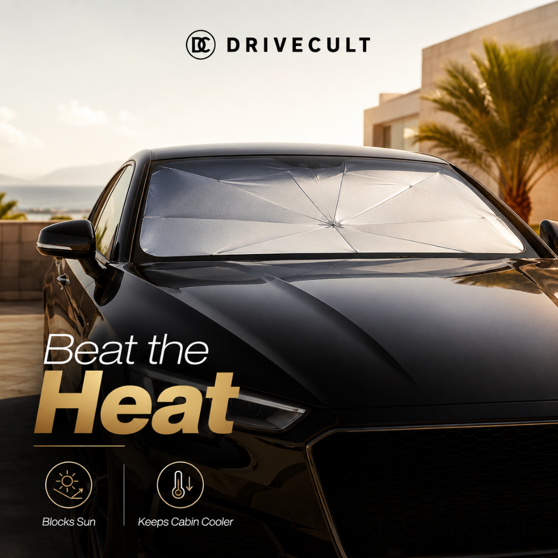 DriveCult windshield sun shade umbrella open on a car windscreen