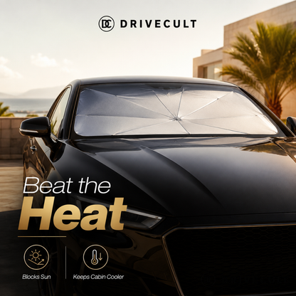 DriveCult windshield sun shade umbrella open on a car windscreen