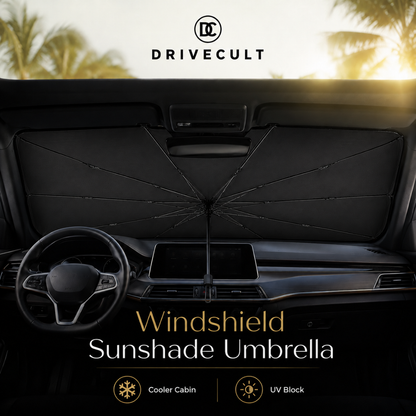 DriveCult windshield sun umbrella folded into its carry pouch