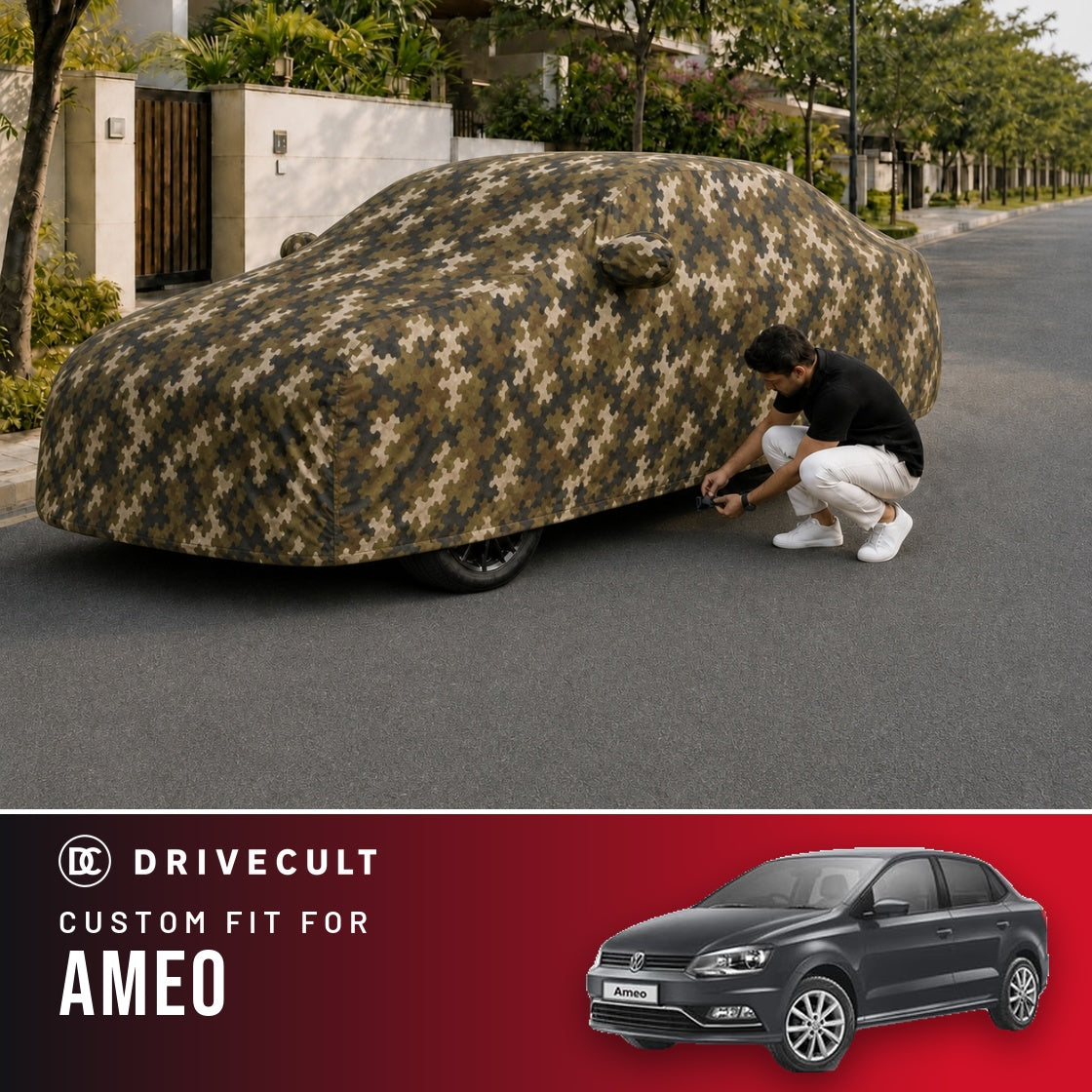 Volkswagen Ameo DriveCult Phantom custom-fit waterproof car body cover