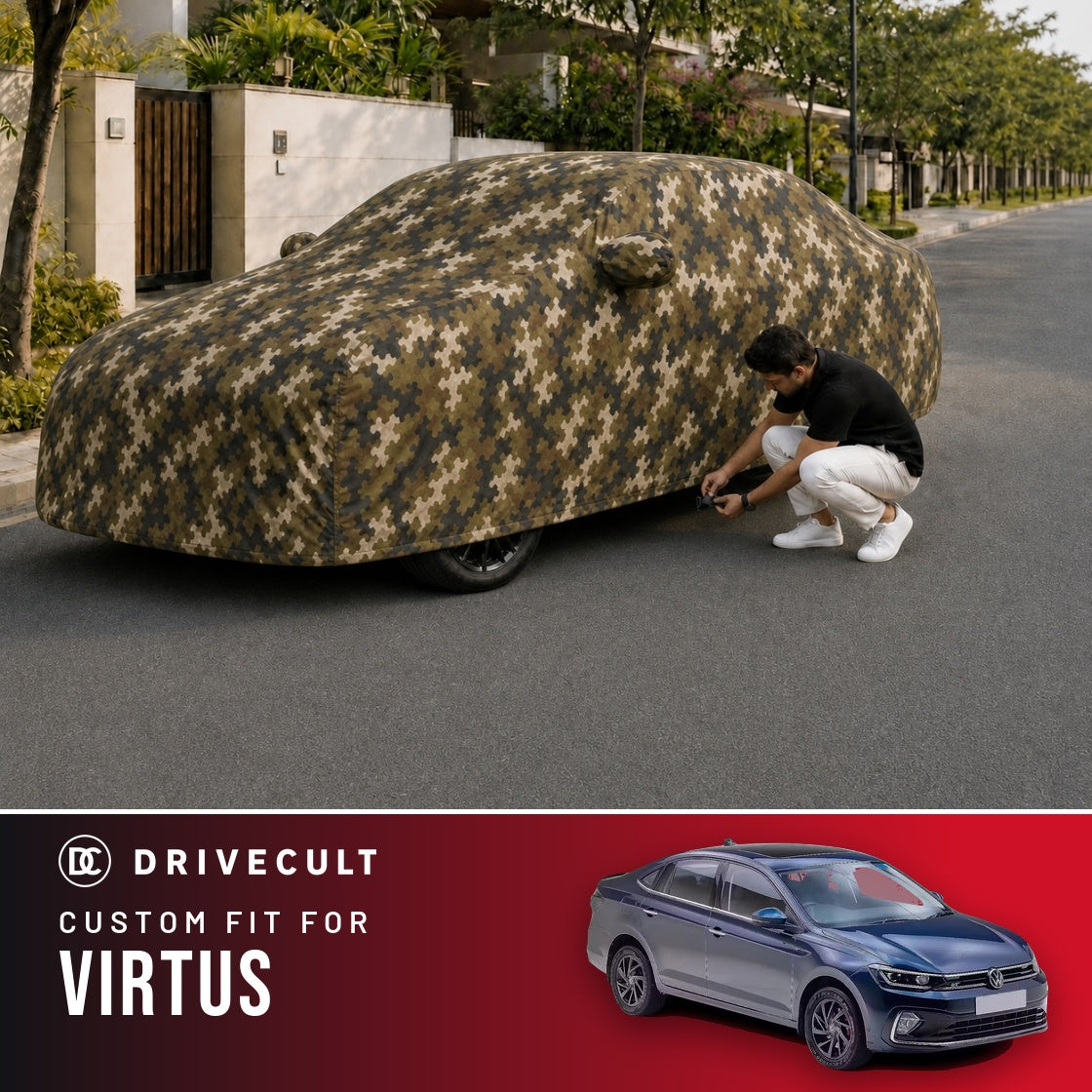 Volkswagen Virtus DriveCult Phantom custom-fit waterproof car body cover