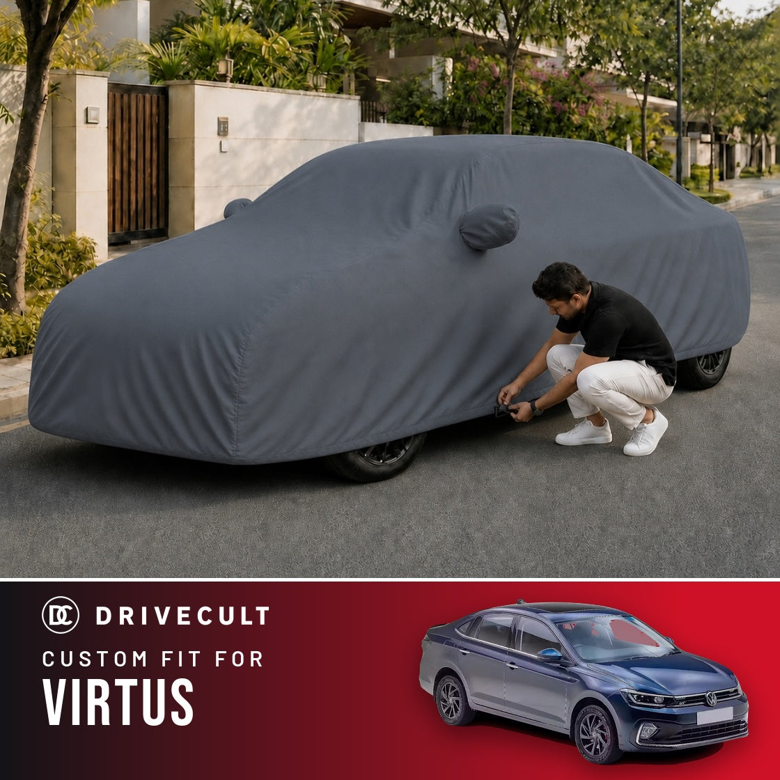 Volkswagen Virtus DriveCult Titan custom-fit waterproof car body cover