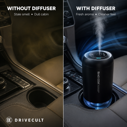 Car cabin before and after using the Black Odor air cleanser