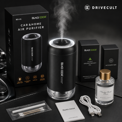Black Odor car air cleanser and aroma diffuser with box, aromatherapy oil and accessories