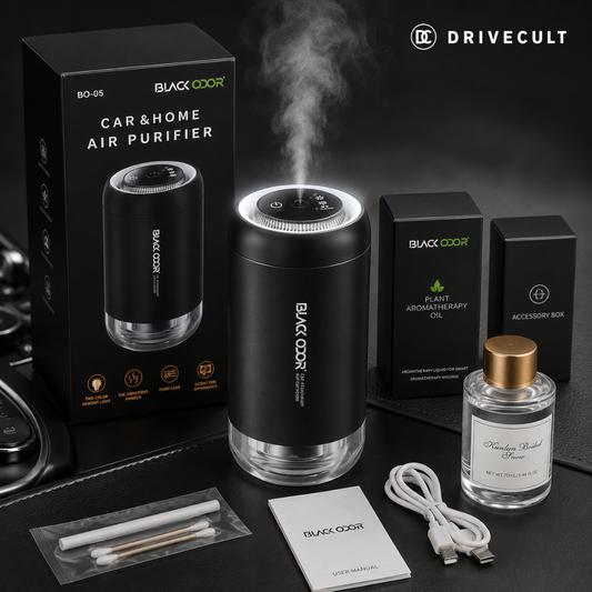 Black Odor car air cleanser and aroma diffuser with box, aromatherapy oil and accessories