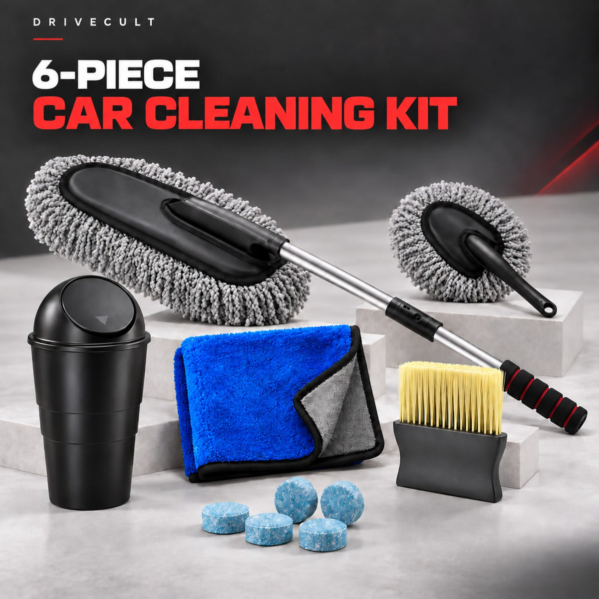 DriveCult 6 in 1 car cleaning kit with dusters, microfibre cloth, vent brush, tablets and dustbin