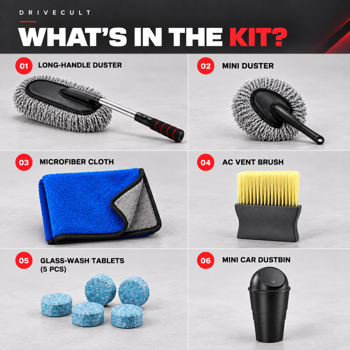 What's in the DriveCult car cleaning kit: 6 items