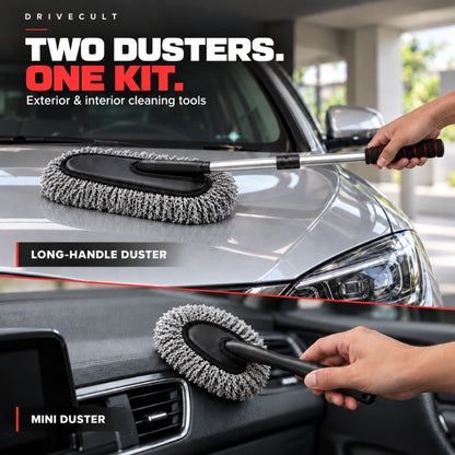 Long-handle duster on a car bonnet and mini duster on a dashboard