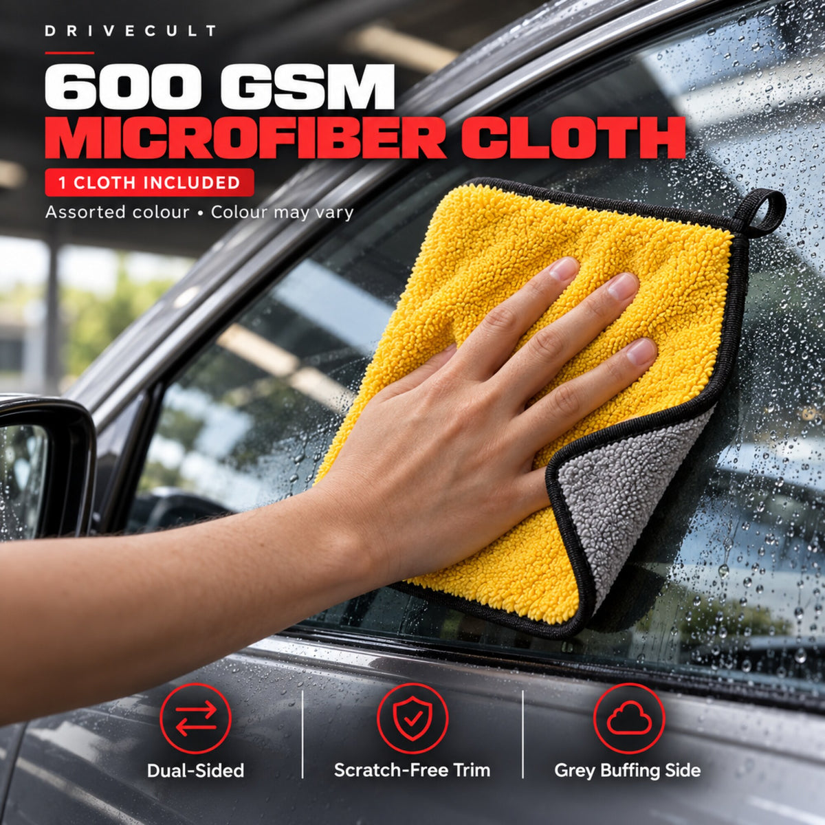 600 GSM dual-sided microfibre cloth wiping a car window